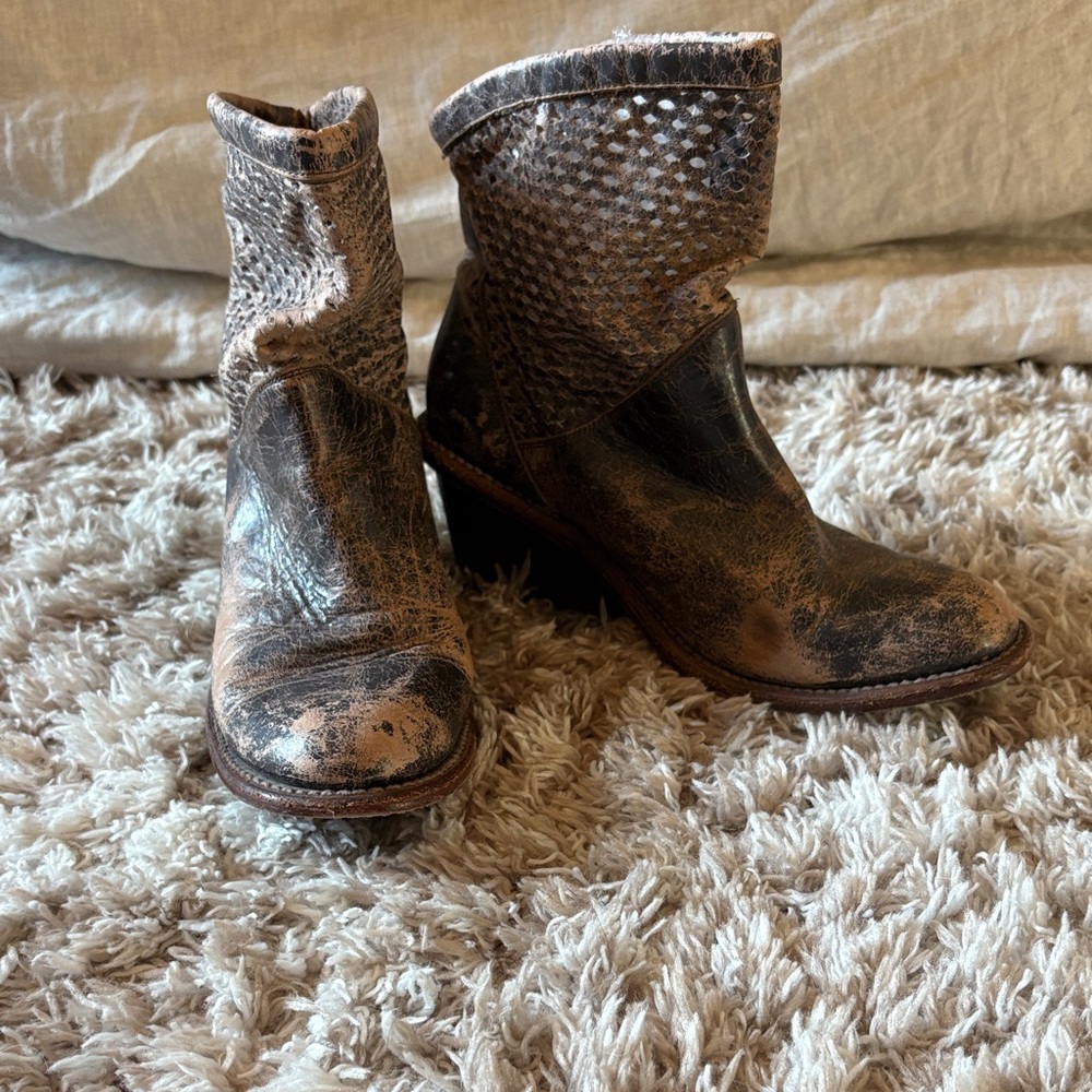 Bed Stu Distressed Ankle Boots in Brown and Tan